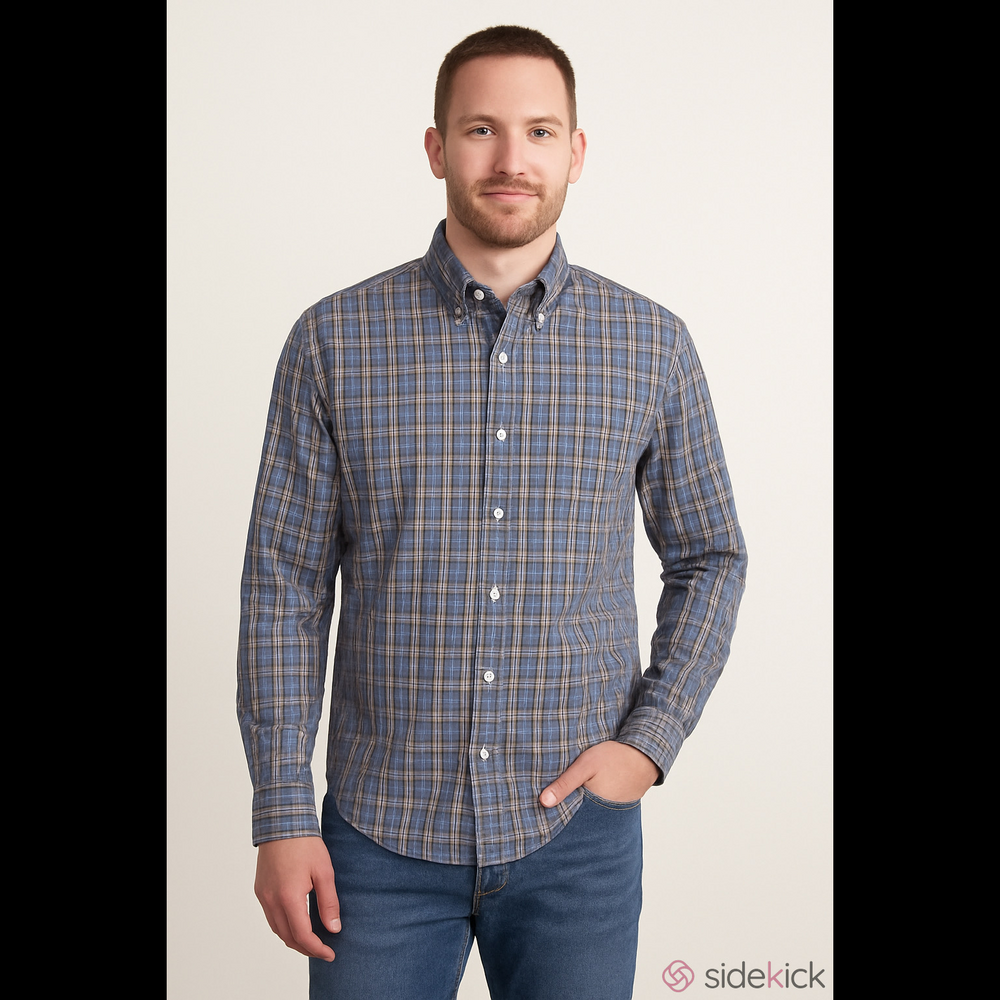 Eddie Bauer Long Sleeve Button Shirt Wrinkle Resistant Plaid Blue/Brown Medium